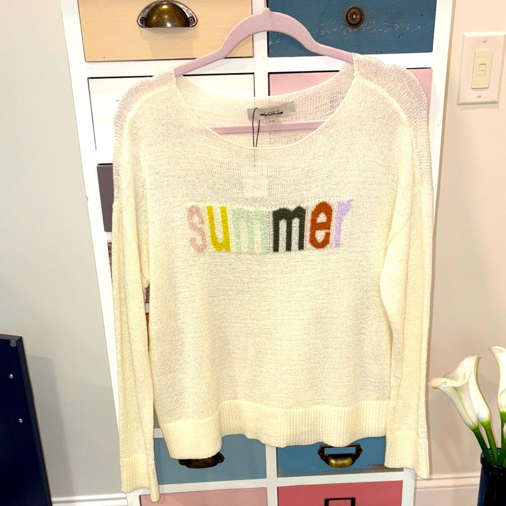 LOFT Cream lightweight knit Sweater with Colorful 'Summer' embroidered on front
